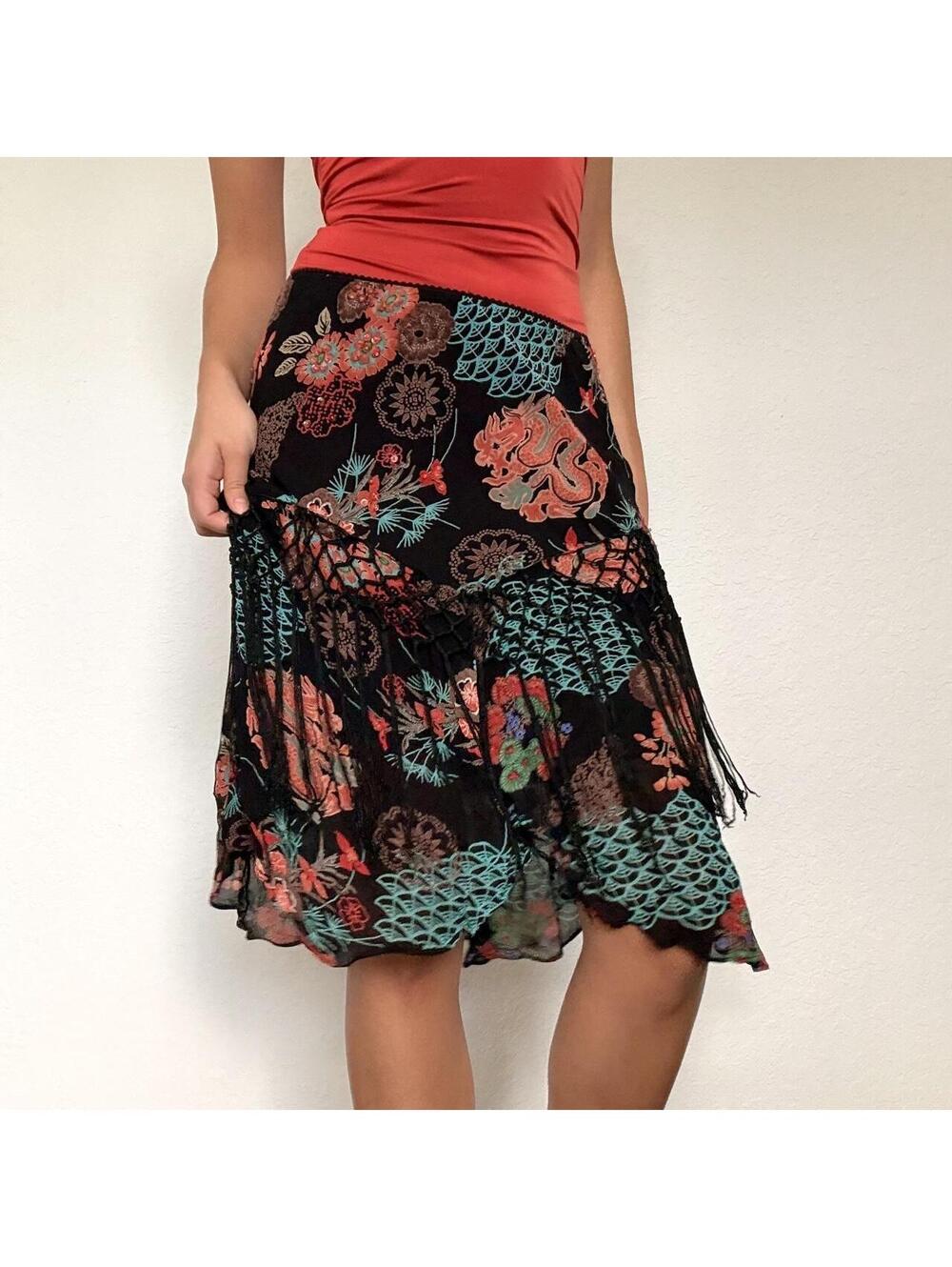 Y2K Lola P. black floral beaded fringe midi skirt - Picture 4 of 8